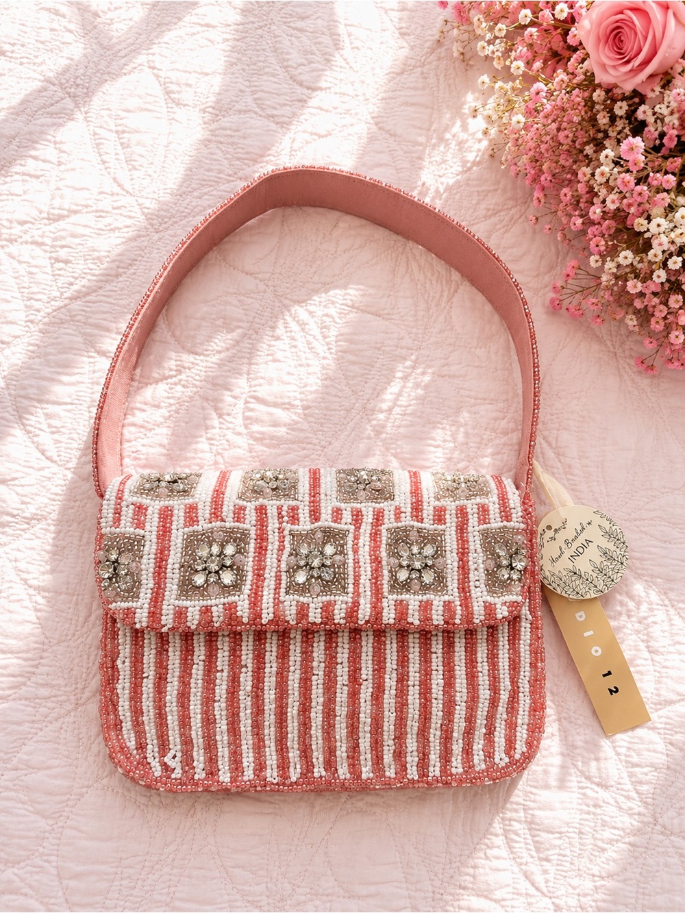 🌸 Hand Beaded in India Pink & White Rhinestone Beaded Shoulder Bag
